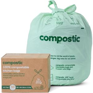 Compostic Compostable Trash Bags, 13 Gallon Tall Kitchen (50 Count) Starter Pack Extra Strong, Home Compostable, Plant-Based, Non-Toxic, Unscented Garbage Bags
