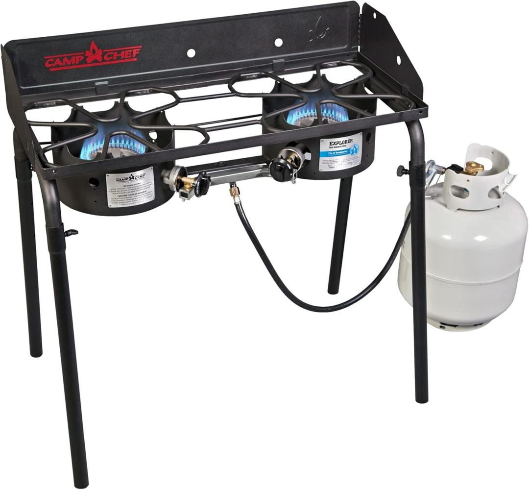 Camp Chef Explorer, Two Burner Stove, Two 30,000 BTU's cast-aluminum burners, Cooking Dimensions: 14 in. x 32 in, Black