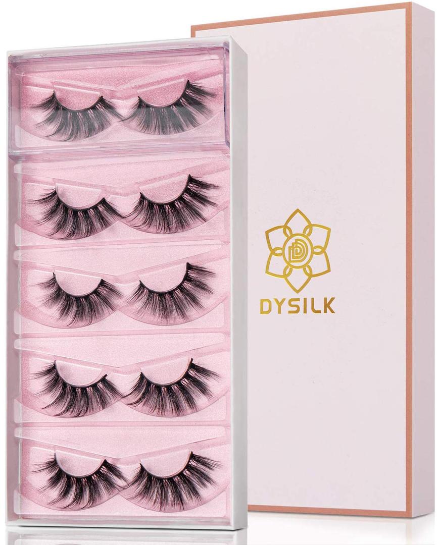 DYSILK False Eyelashes Mink - Strip Lashes 5 Pairs 6D Faux Eyelash Wispy Lashes Cat Eye Fake Eyelashes Natural Look Fluffy Lash Reusable Lash Extension Kit | 004-16.7mm