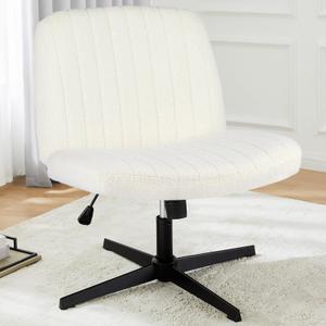 DUMOS Criss Cross Chair, Vanity Chair No Wheels, Office Desk | Armless Wide Seat, Height Adjustable Swivel, Cross-Legged Computer Task, Teddy Fleece, Home Bedroom, Beige Teddy