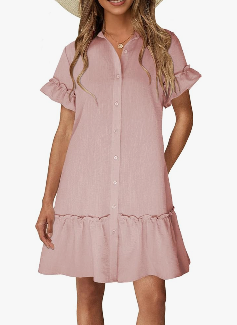 CCTOO Women's Summer Dresses Casual V Neck Button Down 3/4 Sleeve Floral Print Loose Flowy Shirt Dress L