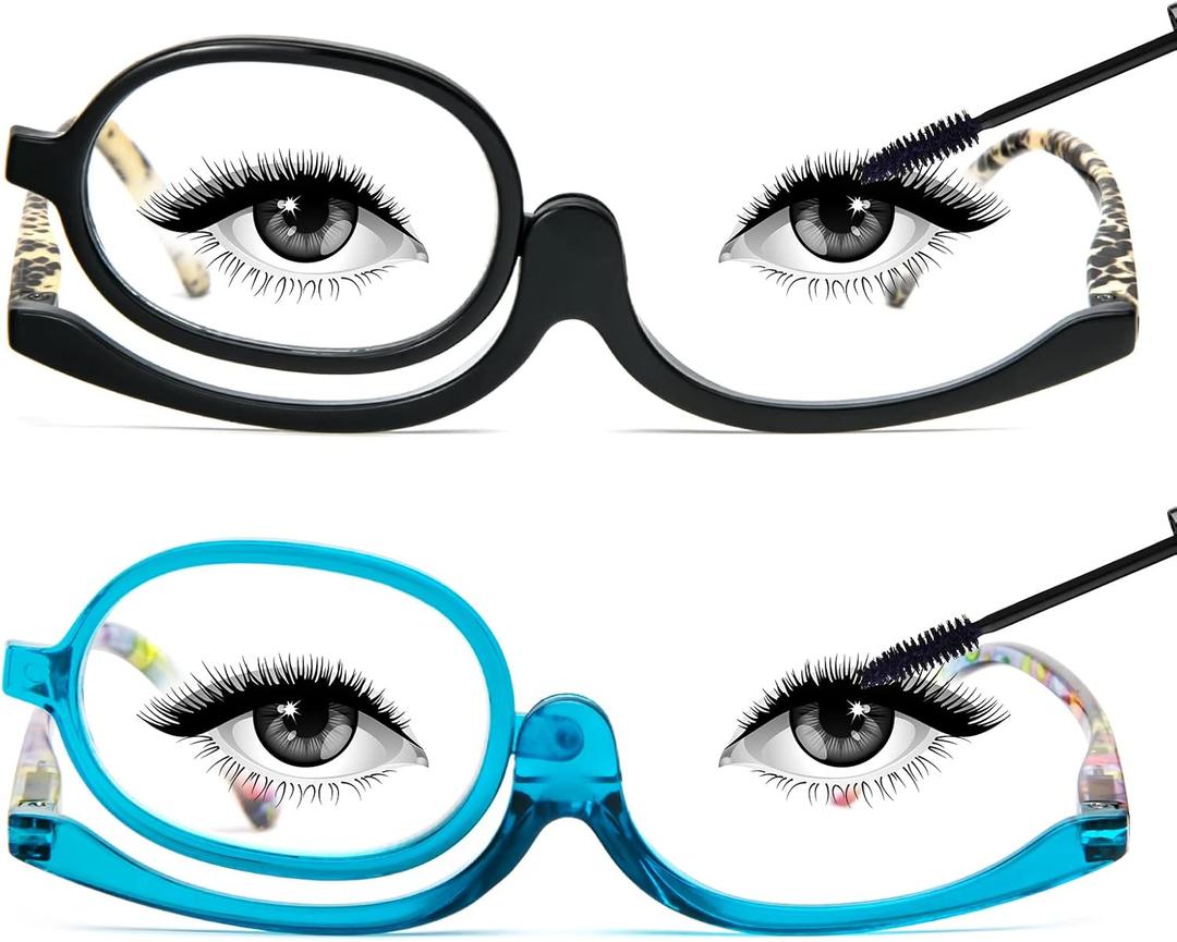 MMOWW 2 Pairs Makeup Reading Glasses for Women Magnifying Flip Down Cosmetic Readers (Black+blue)