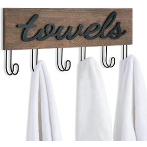 Mkono Towel Holder Wall Mounted Towel Rack Bathroom Decor Rustic Wood Towel Hooks to Hang Towels Bathroom Robe Coat Clothing, Bath Towel Hanger Storage Home Decor Organizer, Medium (Brown)