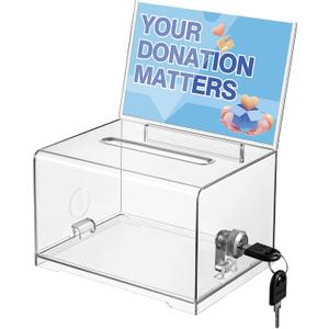 Polmart Clear Donation Box with Lock - Secure Ballot Box with Removable Sign Holder 2 Keys - for Money, Cards, Votes, Tickets, Feedback Collection (4.75"D x 6.29"W x 8"H)