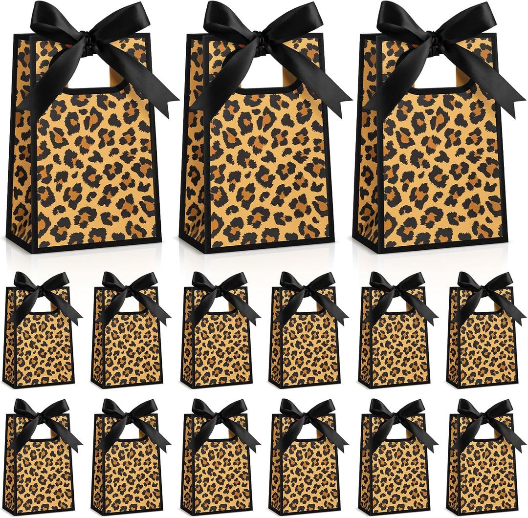 AmazingSpark 50 Pcs Leopard Print Mini Gift Bags Bulk 6.3 x 3.9 x 2.8 Inch Cheetah Small Gift Bags with Handles and Ribbon Bows for Wedding Birthday Bridal Baby Shower Party Favors(Brown Black)