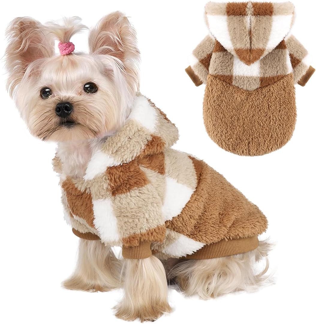 Yikeyo Dog Sweaters for Small Dogs, Winter Dogs Hoodies Boy Girl, Warm Fleece Clothes for Teacup Chihuahua Yorkie, Pet Apparel Outfit,Brown Plaid,M (Medium (Chest 16.1in))