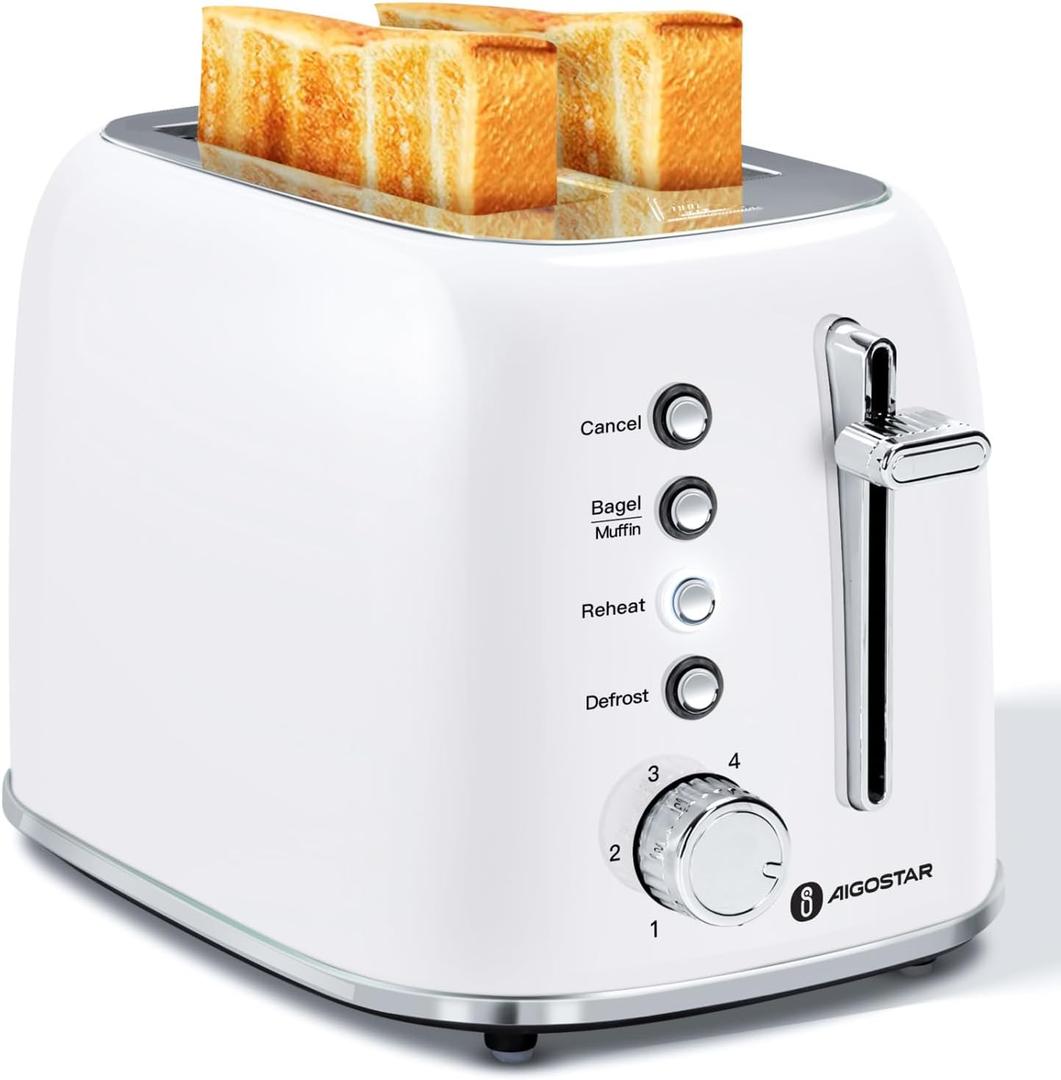Aigostar Retro 2 Slice Toaster - Stainless Steel, Extra Wide Slots, Bagel Function, Cancel & Defrost, 6 Shade Settings, Removable Crumb Tray, White