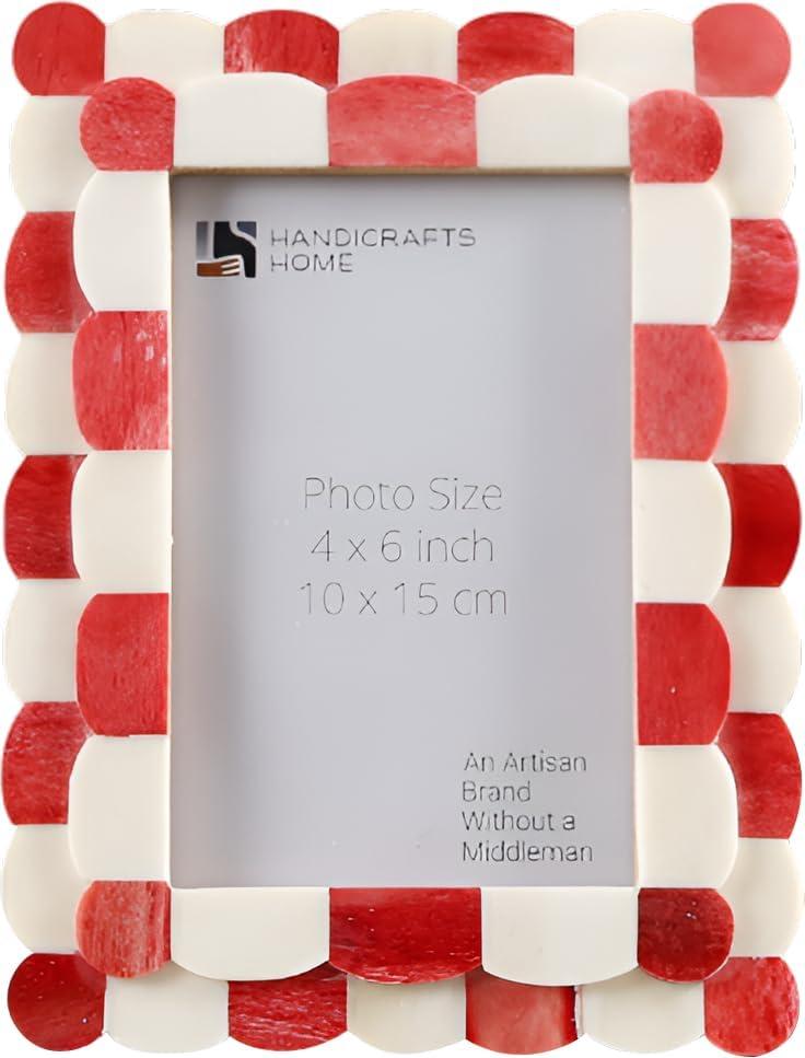 Handicrafts Home 4 by 6 Picture Frame, Red White Handmade Scallop pattern Bone inlay Photo Frame for Wall & Tabletop, Farmhouse Vintage Home Decor, Gallery Wall & Desk Decor, Family Picture Frame