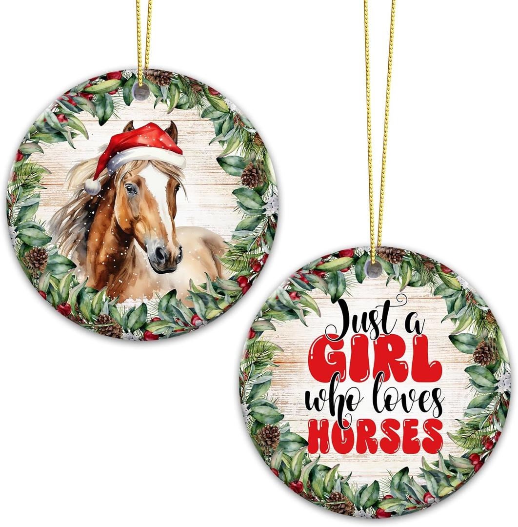 4 x Horse Ornament 2025  White Elephant Gift for Girl Love Horse, Just a Girl Who Loves Horses  Rustic Farm Animal Ceramic Ornament with Santa Hat Horse Artwork, Gift for Horse Lovers