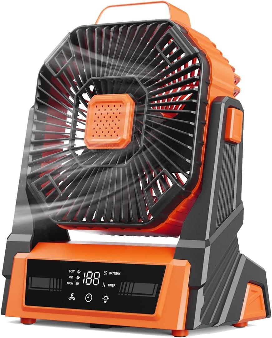 KopBeau Portable Camping Fan with Lights, 20000mAh Rechargeable Battery Operated Fan, Battery Powered Outdoor Beach Tent with 3 Speeds & Hook, Personal USB Table for Camping Accessories Orange, Medium