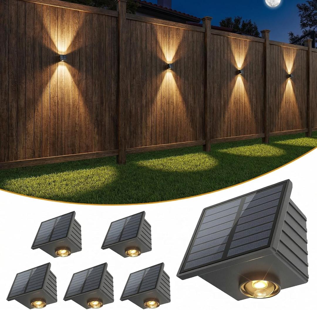 VOLISUN Solar Fence Lights 6 Pack, Color Glow LED Up and Down Wall Lamp, IP65 Waterproof Solar Lights Outdoor for Patio, Backyard, Railing, Deck, Fence and Wall2 Lenses