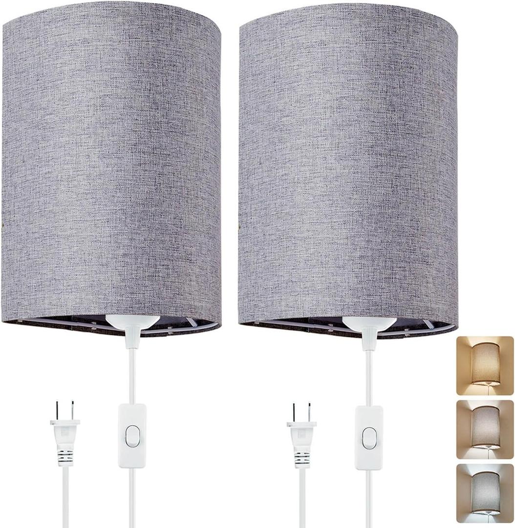 Wall Sconces Set of 2, Plug in Wall Sconces with On/Off Switch, 3-Color Selectable (3000K/4000K/6000K), Fabric Linen Lamp Shades, No Wiring Required, Ideal for Bedroom, Living Room, and Porch (Grey)