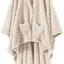 Wearable Blanket Poncho Cape Wrap for Adult, Cozy Sherpa Fleece Pocketed Shawl TV Throw Blankets for Office and Lounge(Ivory,58'' x 64'')