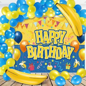 103 Pcs Yellow Jeans Birthday Party Decor 84'' x 60'' Big Eyes Banana Cartoon Happy Birthday Backdrop Photo Background with 2 Jumbo Banana Balloons 100 Pcs 13. 3'' Balloons Party Supplies