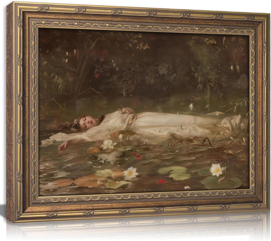 Vintage Gold Framed Ophelia Wall Art, Romantic Victorian Gothic Oil Painting Canvas Print, Dark Academia Wall Decor, Antique Woman Portrait Picture, Moody Floral Poster Artwork for Living Room Bedroom, 24"L x 16"W
