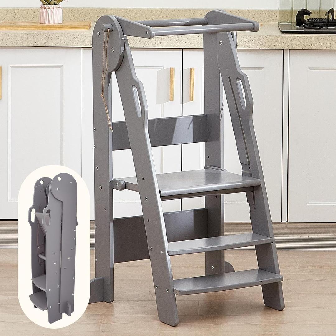 FUNLIO Foldable Kitchen Step Stool for Kids 2-6 Years, Montessori Step Stool, 3-Level Height Adjustable Standing Tower, Easy to Assemble, CPC & CE,Grey