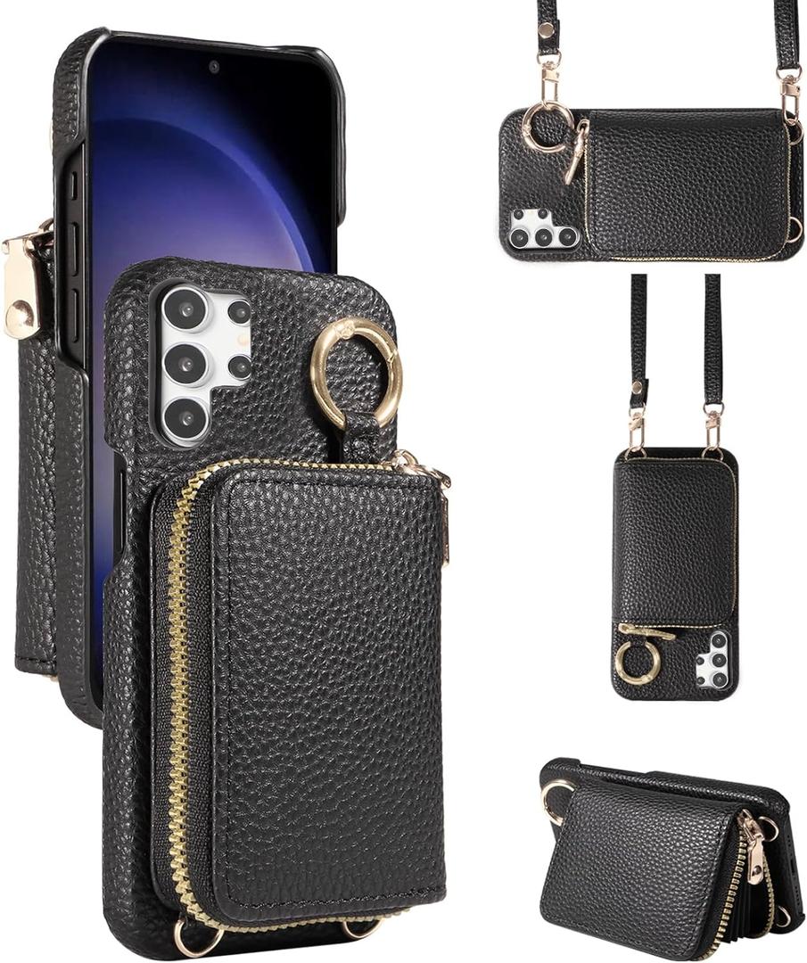 Wallet Case for Samsung Galaxy S25 Ultra 5G with Shoulder Strap Ring Buckle, Luxury PU Leather Zipper Flip Organ Purse, Credit Card Holder Stand Phone Cover for S25Ultra 25S S 25 25Ultra Black