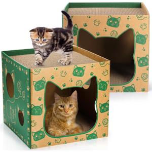 Pumtus 2 Pack Cardboard Cat Houses, Cat Play House with 2 PCS Scratching Pad, Corrugated Kitten Hideaway Cave, Cute Cats Condos Box, Cat Scratching Toy, Scratcher Bed for Indoor Cats, Kittens, Bunny