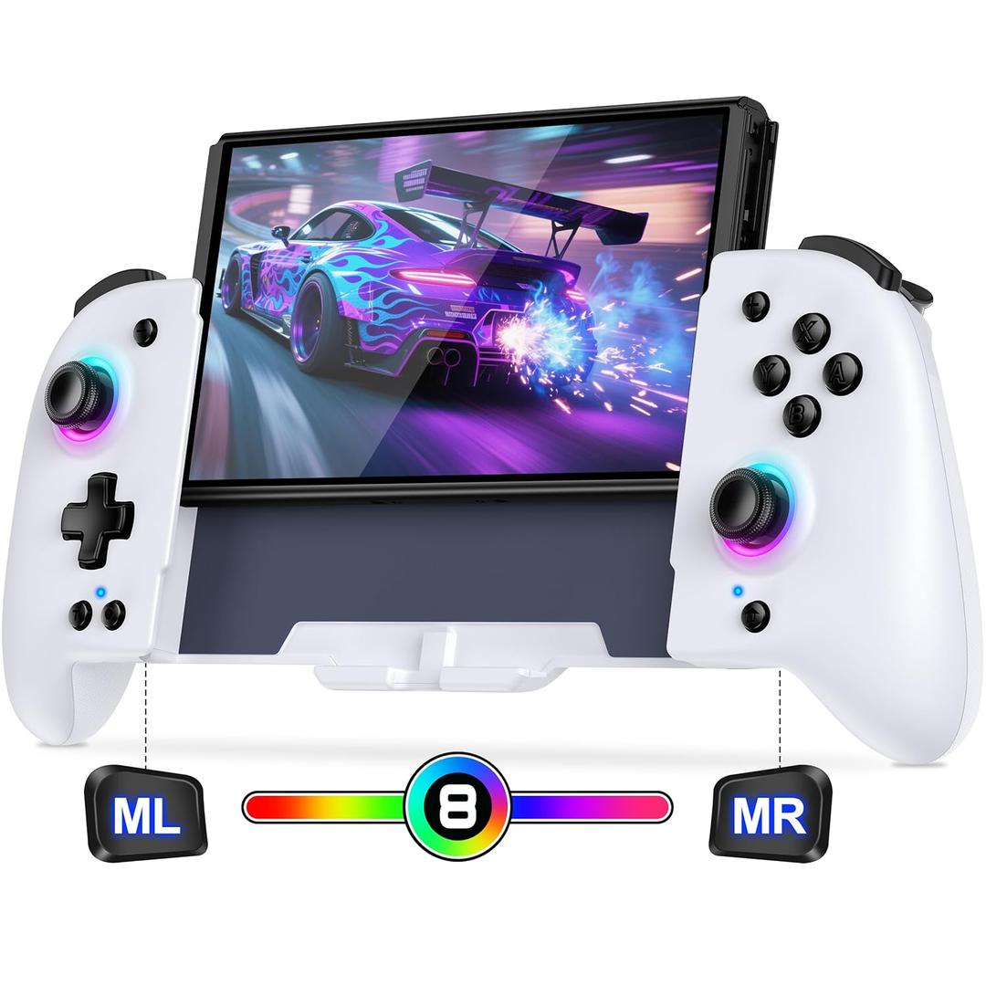 Spican Switch Controllers for Nintendo Switch/OLED, Full-Size Switch Joy-pad for Better Handheld Mode, Switch Accessories Wireless Pro Controller with RGB Light/Battery/Turbo/Macro/4 Game Slot (Switch 1 - 6.2"/7", White)