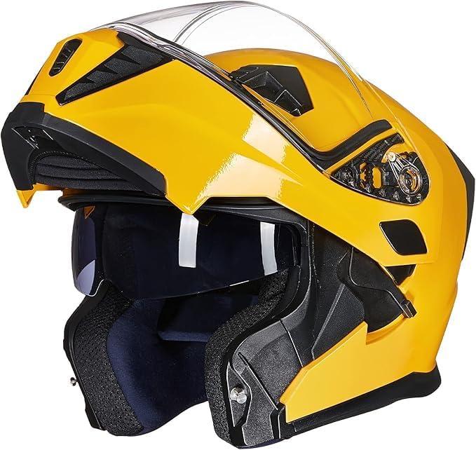 ILM Motorcycle Modular Full Face Helmet for Adult Flip up Dual Visor LED Tail Light Optional DOT (Large, Yellow)