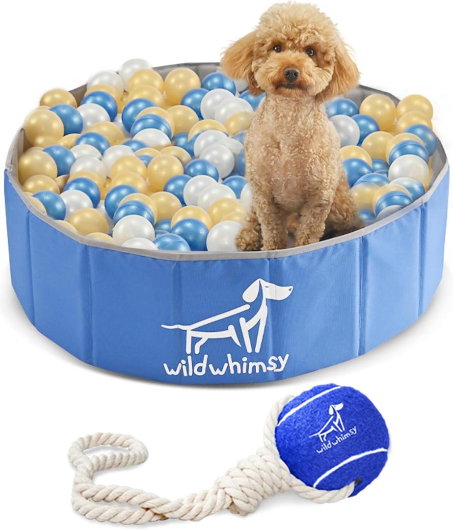 Wild Whimsy Dog Ball Pit - Combo Pack 32" Inch Small Foldable Ball Pit for Dogs with Rope Tug Ball Toy -Indoor Outdoor Playpen with Metal Reinforcement Ring - Storage Case Included, 
Blue Combo & Rope Tug Ball