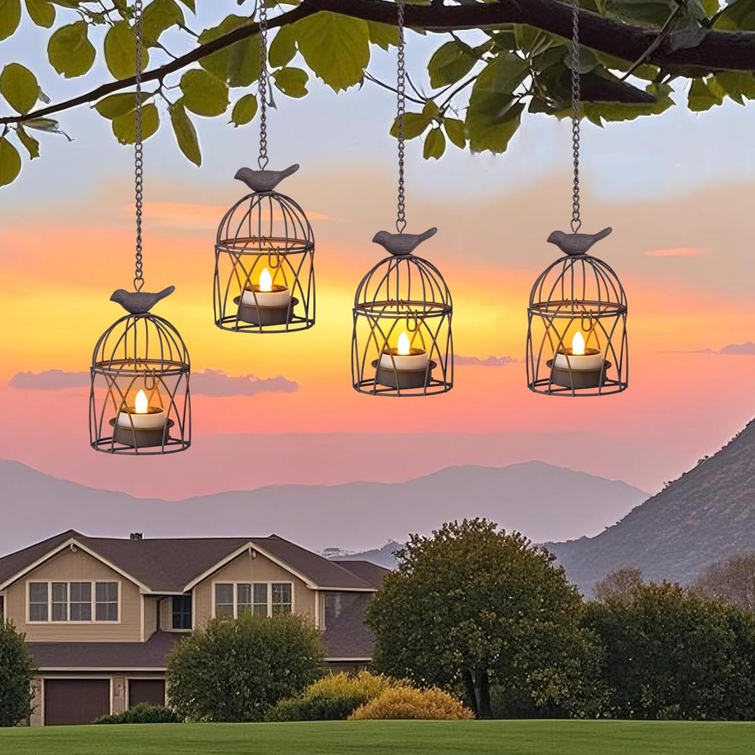 Solar Lanterns Outdoor Waterproof, Rust Iron Cage Candle Holder with Flickering Solar Powered Tea Lights, Hanging Solar Lights for Outside Tree Backyard Patio Garden Fence Decoration-4Pack