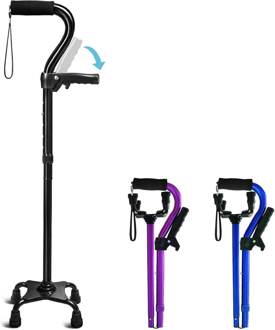 Adjustable Walking Cane for Men & Women with 4-Pronged Base for Extra Stability - Foldable Cane for Seniors with Foam Padded Offset Handle for Soft Grip & a Second Handle for Standing Black