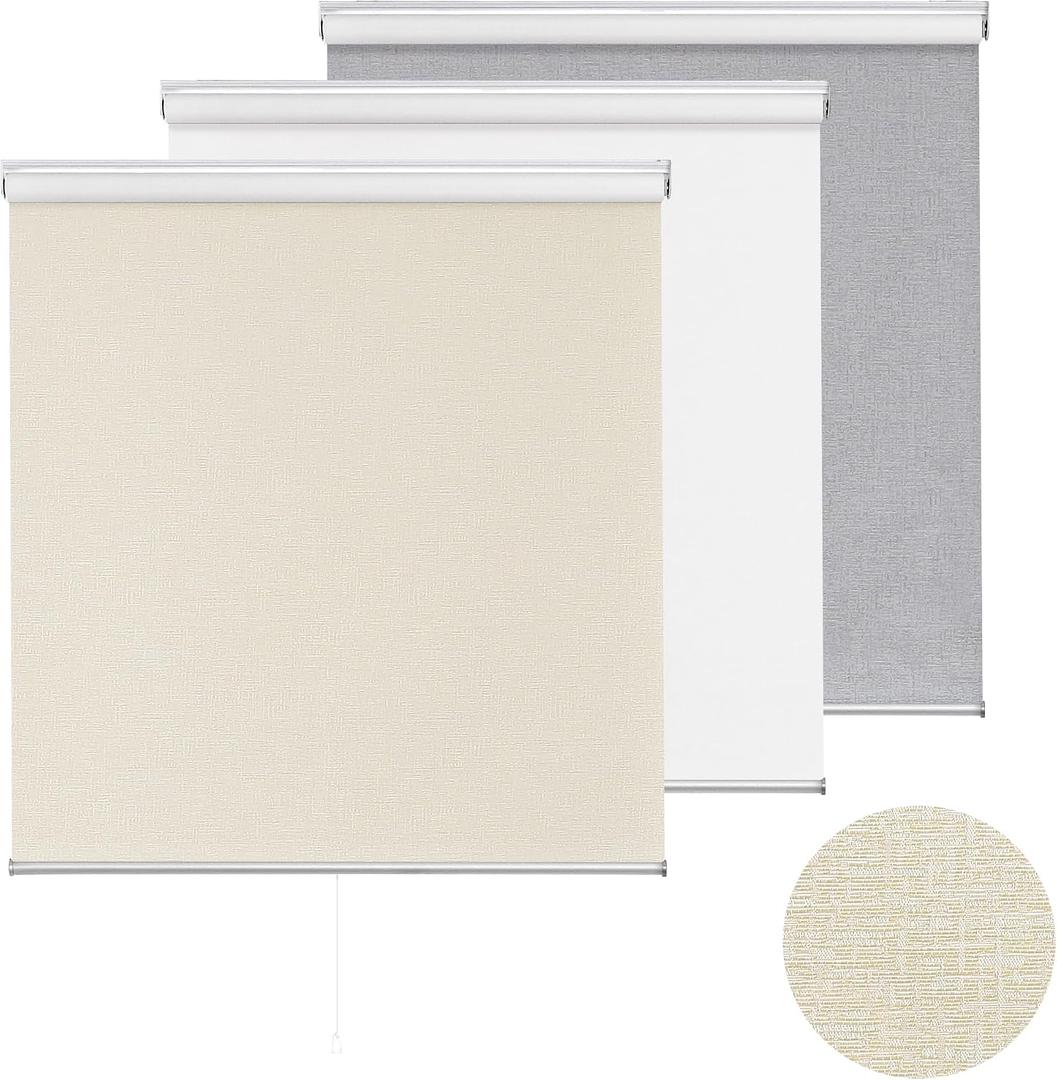 ChrisDowa Cordless 100% Blackout Roller Shade, with Striped Jacquard, Thermal Insulated, UV Protection Fabric, Total Blackout Blinds for Window, French Doors, Home and Office. Beige, 56" W x 72" H