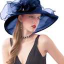 ORIDOOR Womens Organza Church Tea Party Wedding Fascinator Derby Hat Wide Brim Sun Hats (One Size, E1-navy Blue)