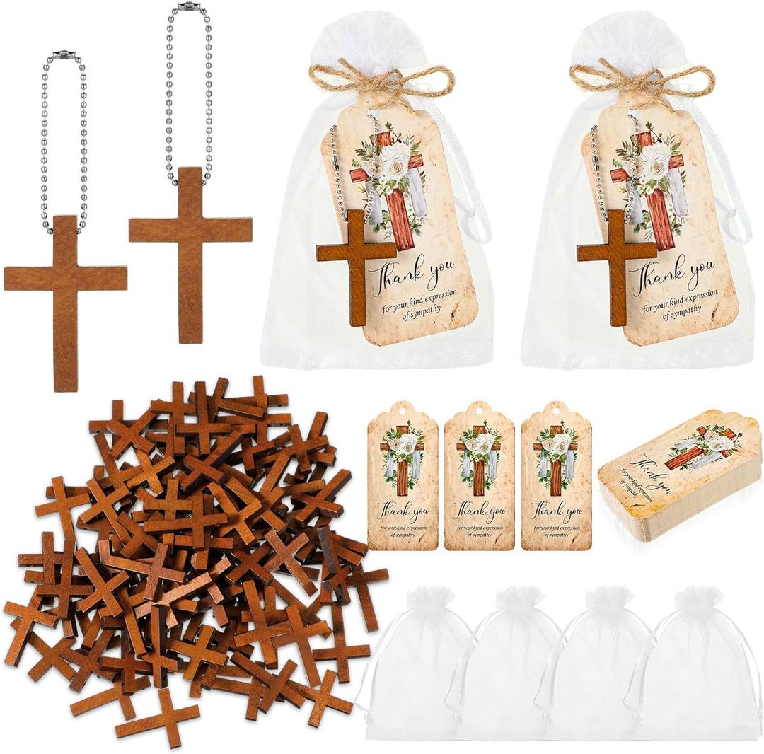 Tradder 100 Set Funeral Favors Set with 100 Wooden Cross Keychain, Funeral Thank You Cards, Organza Bags for Celebration of Life Decorations for Guest Family Friends Loved Ones(Cross)