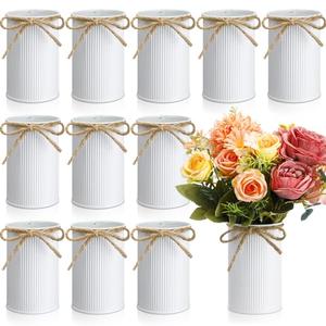 Rustic Vase for Table Centerpieces 4.33 Inch Small Petite Flower Vase with Twine Bow Vintage Farmhouse Decor for Wedding Reception Dining, Home Galvanized Metal Buckets(White,12 Pcs)