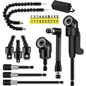 21 Pcs Right Angle Drill Attachment Set Includes 2Pcs Flexible Drill Bit Extension 3Pcs 360 Rotatable 1/4 3/8 1/2" Impact Grade Socket Adapter 3Pcs Drill Bit Holder 10 Short Screwdriver Bits