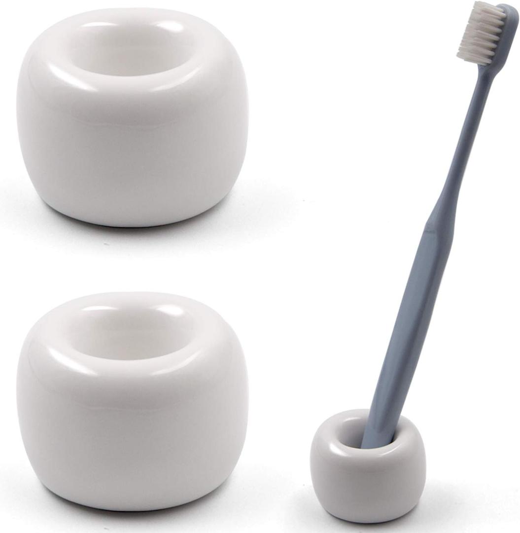Airmoon Mini Ceramics Handmade Couple Toothbrush Holder Stand for Bathroom Vanity Countertops, Pack of 2 (White)