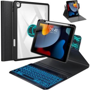 BLUTLOTUS Keyboard Case for iPad 9th/8th/7th Generation 10.2 Inch,360 Rotatable Magnetic Keyboard Case with Pencil Holder Grooves Design(2021/2020/2019),7 Color Backlit Detachable Wireless (Black)