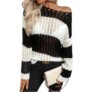 SweatyRocks Women's Striped Pullover Sweater Off Shoulder Long Sleeve Crochet Sweaters Fall Outfits (L)