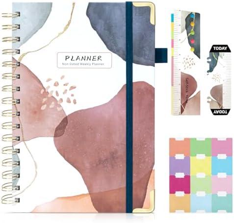 Ospelelf Undated Planner Daily Spiral Binding Weekly Monthly Hardcover Mini Planners with Stickers 12 Months Productivity Aesthetic Journey Booklet Size Brown Set of 2