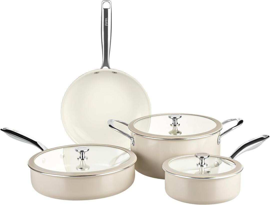Pyrex 7-Piece Ceramic Cookware Set, Pots and Pans with Lids & Handles