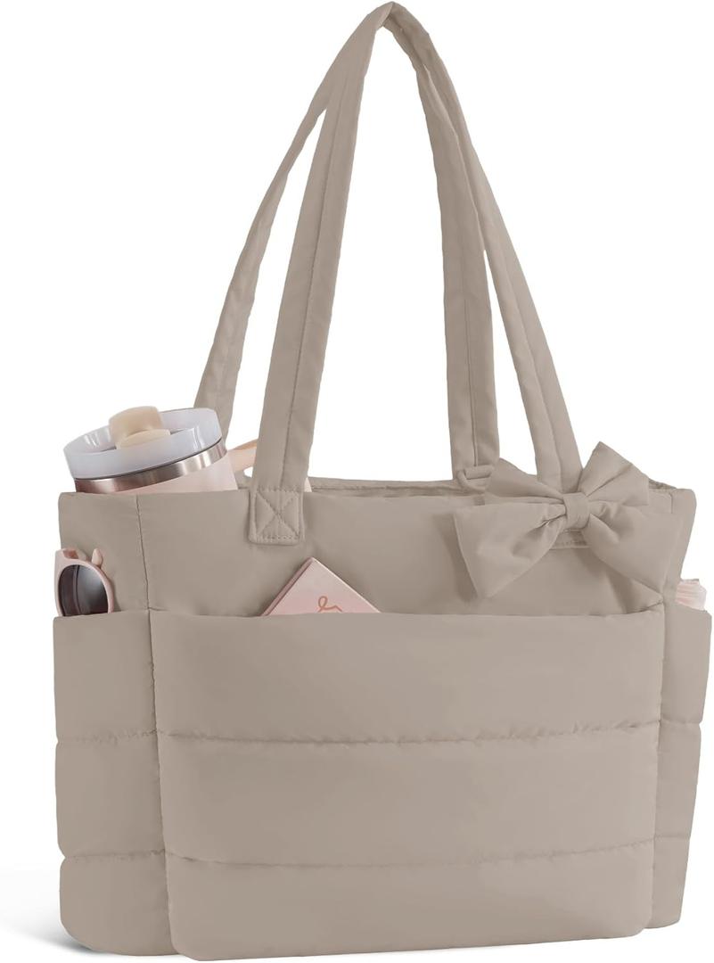 Puffer Tote Bag for Women, Quilted Bow Tote Bag with Cup Holder & 15.6 In Laptop Compartment for Work, Travel, Gym, College (Light Brown)