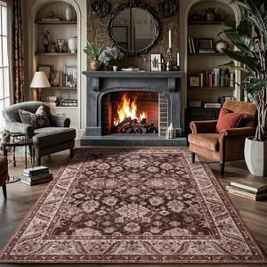 Rtizon Area Rugs for Living Room, 4x6 Washable Rugs for Bedroom, Non-Slip Retro Floral Carpet for Entryway Office Dorm Kitchen Dining Room, Brownish Red