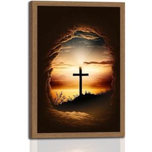 Framed Christian Cross Canvas Wall Art, Inspirational Religious Painting, Sunset Landscape Poster, Spiritual Decor for Home, Church, Office, or Prayer Room 16x24in