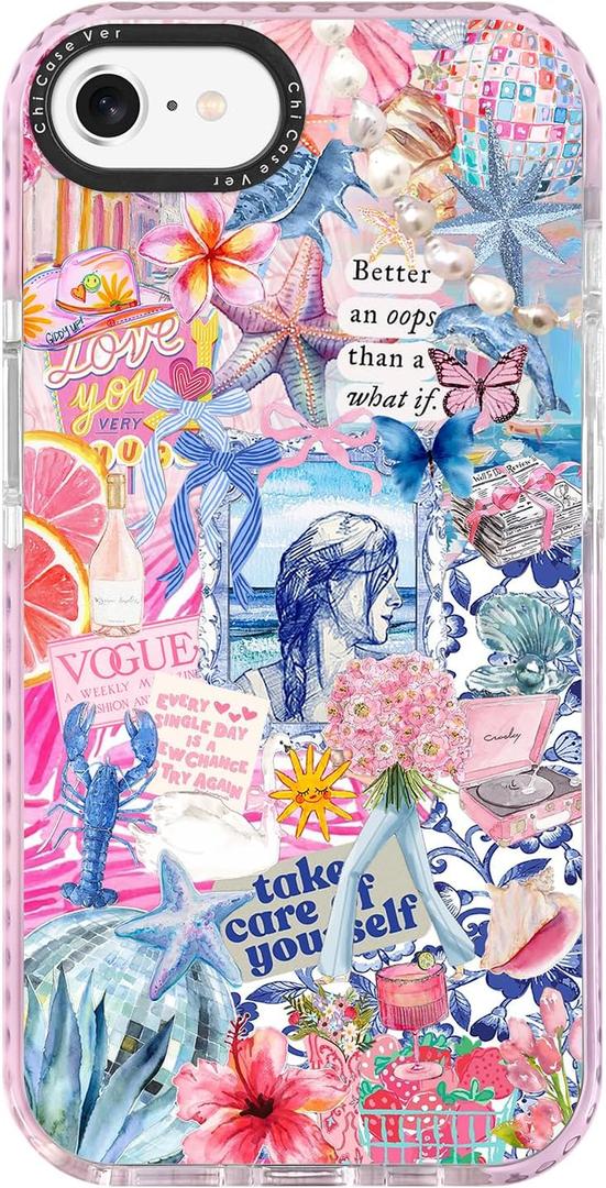 for iPhone 7/8/SE Case, Coastal Collage Pattern with Romantic Quote, Military-Grade Drop Protection, Seaside Daydream Soft Slim TPU Protective Cover with Camera Protection for Women & Girls (BlueSummer)