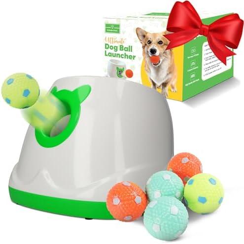 Automatic Dog Ball Launcher Dog Fetch Machine for Small to Medium Sized Dogs,3 Launch Distances, Ball Launcher for Dogs with 6 Latex Balls, Dual Power Supply, Ball Thrower for Dogs