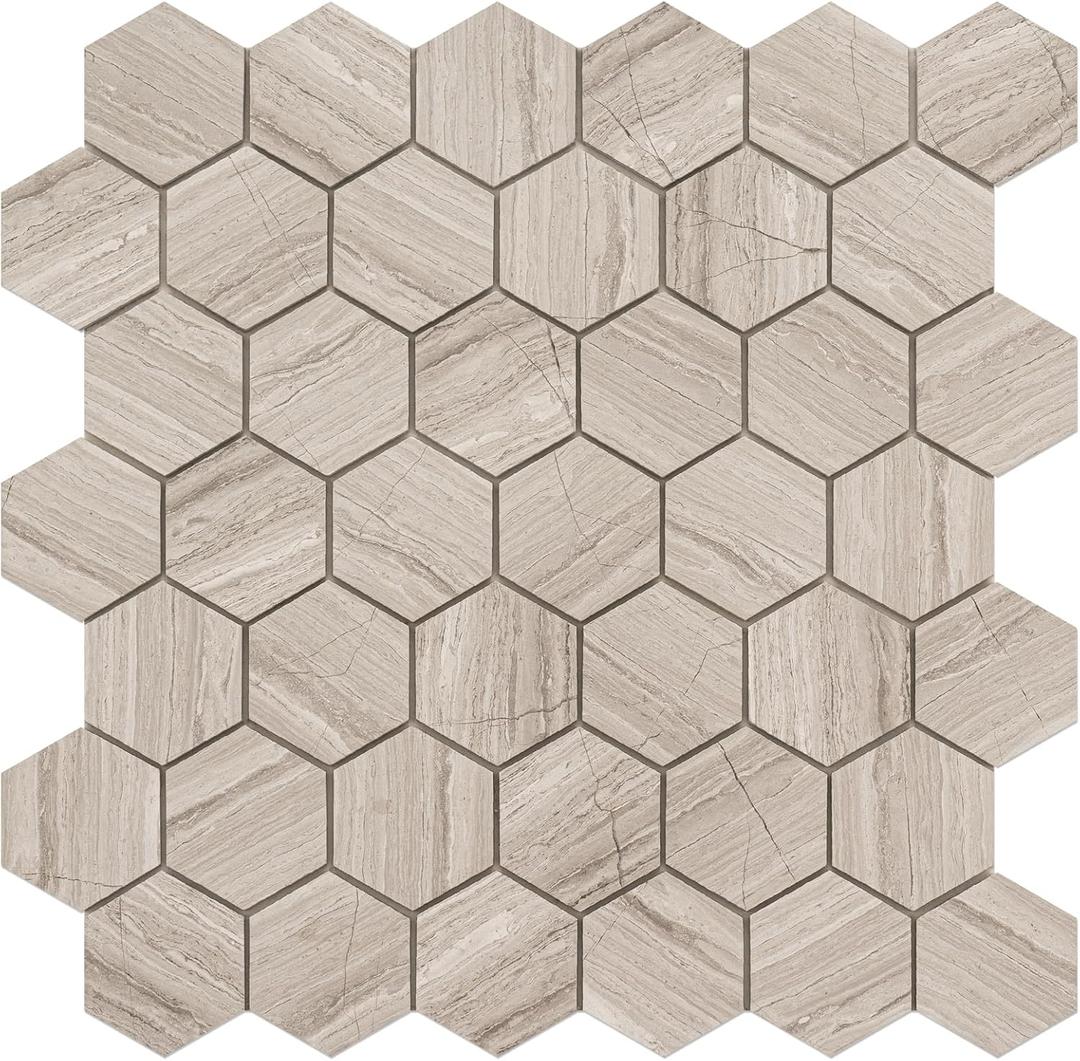 5-Sheet Peel and Stick Stone Tiles, Hexagon Peel and Stick Stone Backsplash 3D Marble Look Stick on Backsplash for Kitchen Fireplace (Hexagon Mixed Tan)