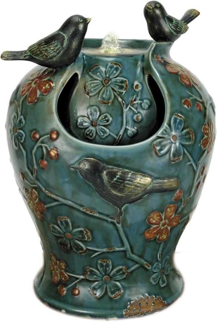Foreside Home and Garden D9402 Blue Verdigris Bird Indoor Water LED Light and Pump Fountain