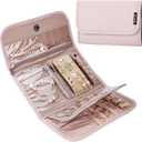 BELALIFE Travel Jewelry Case Organizer, Medium Foldable Storage Roll for Earrings, Necklaces, Rings, Bracelets, Brooches, Pink