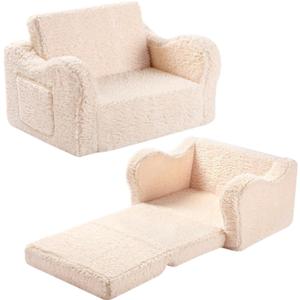 Kids Sofa, 2-in-1 Flip-Out Foam Couch with Soft Sherpa Cover, Cozy Play Lounge Chair, Cream