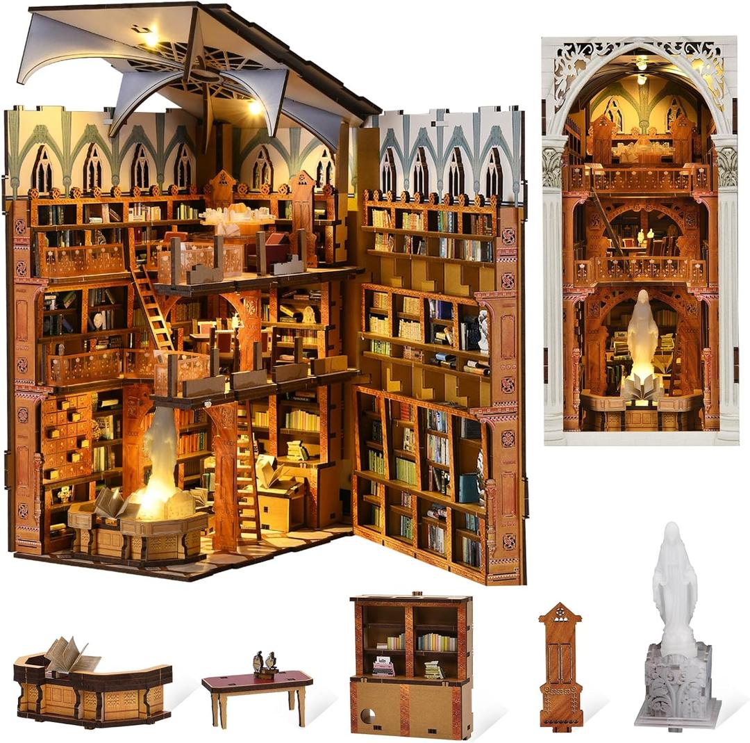 Book Nook Kit, DIY Miniature Dollhouse Booknook Kit with Led Light and Dust Cover (Public Library)