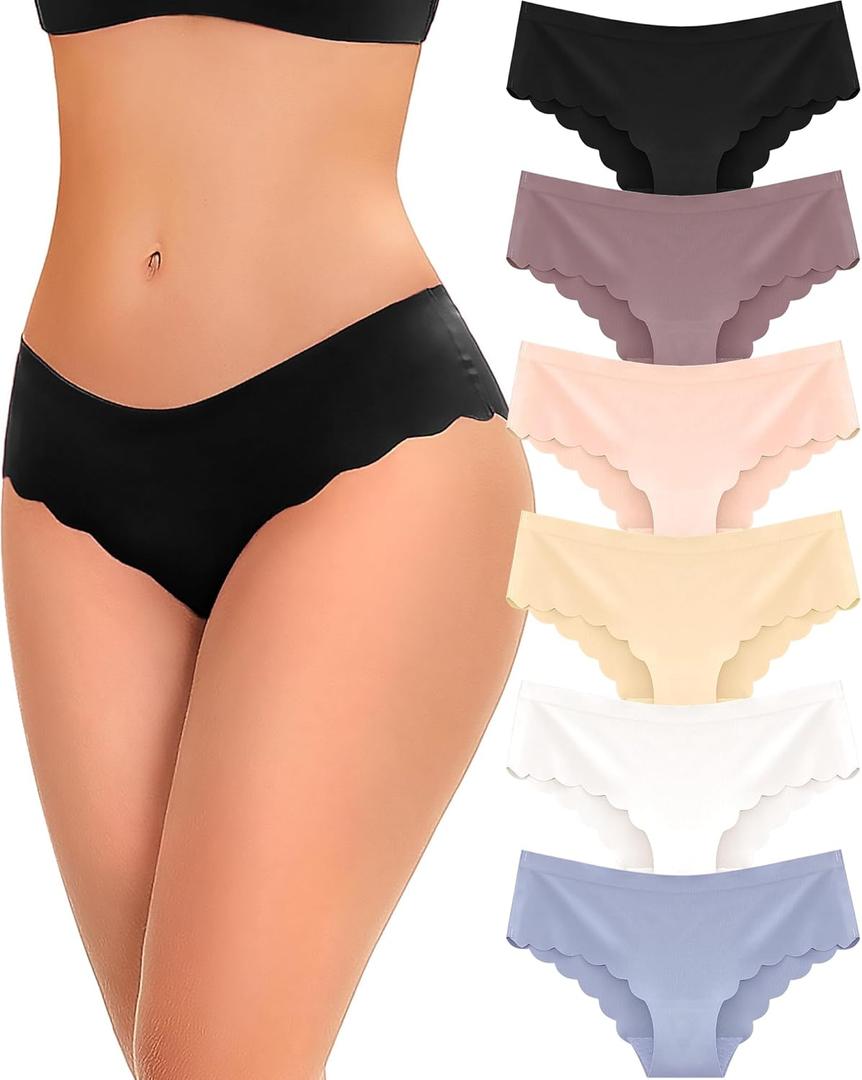 6 pack Seamless Underwear for Women Sexy Low Rise Hipster Wave Edge No Show Bikini Panties Womens Cheeky (Large, Light Color)