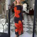 ZESICA Women's Long Sleeve Floral Maxi Dress 2026 Fall Off Shoulder Bodycon Ruched Mesh Cocktail Wedding Guest Dresses (S)