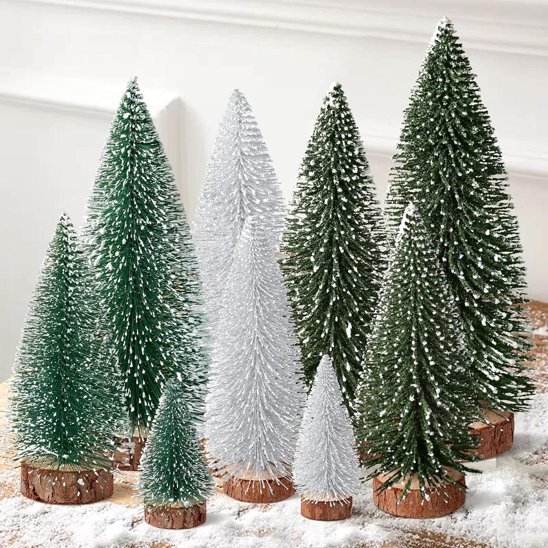 9Pcs Mini Christmas Trees Christmas Decor Artificial Christmas Decorations with 4 Sizes, Christmas Tree Bottle Brush Trees Christmas Table Decorations (Green/Silver)